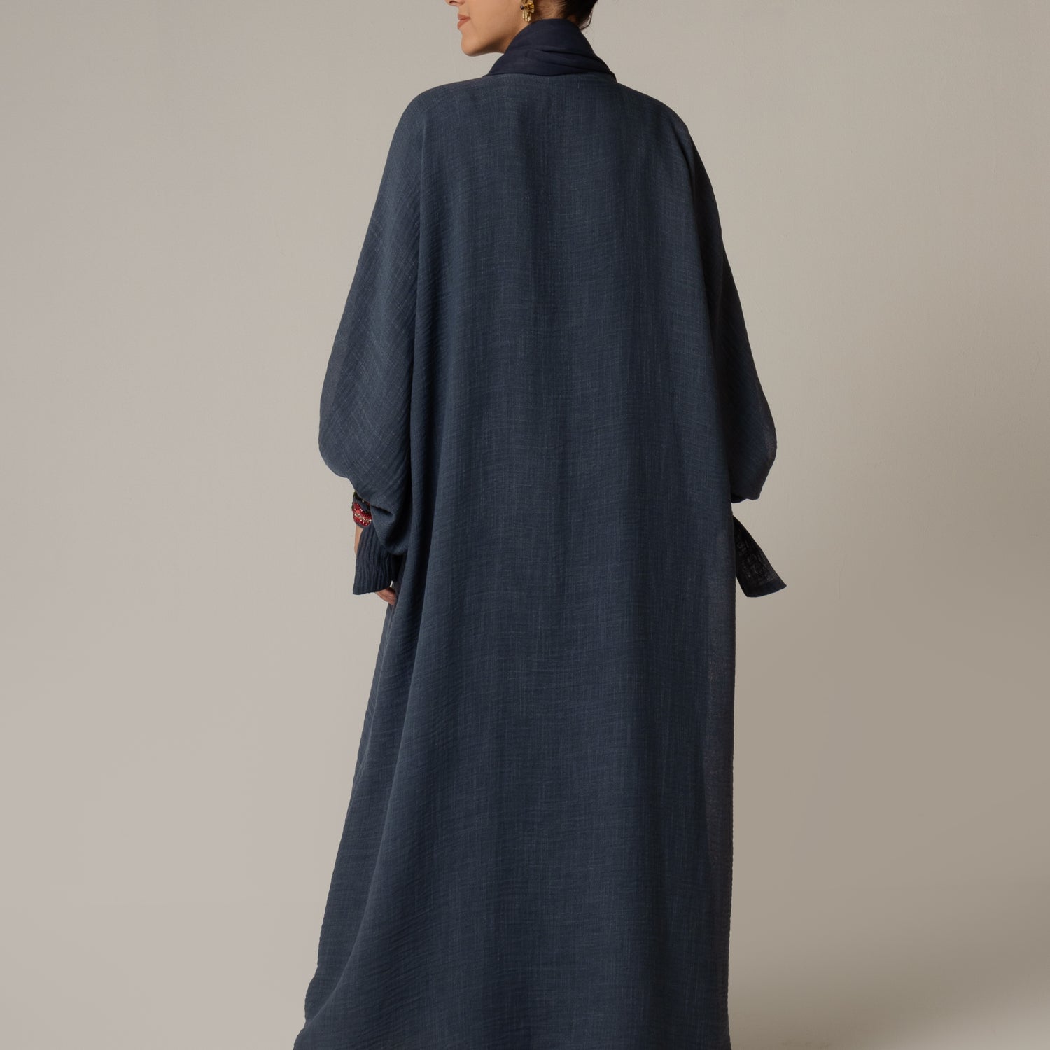 Navy Blue Abaya with Deep Red Flower Beaded Details