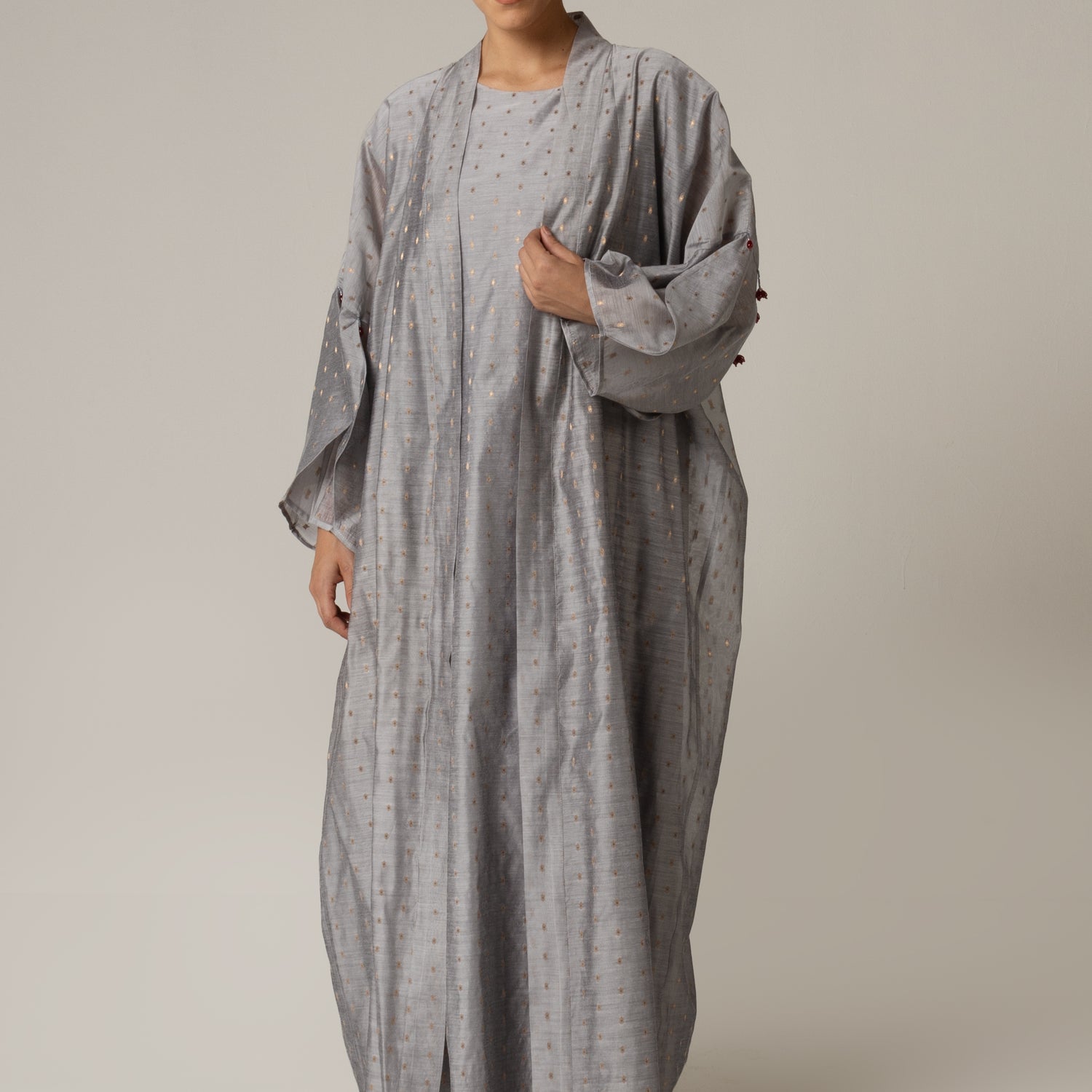 Organza Jaquard Hand Embellished Beaded Tassels Abaya Set