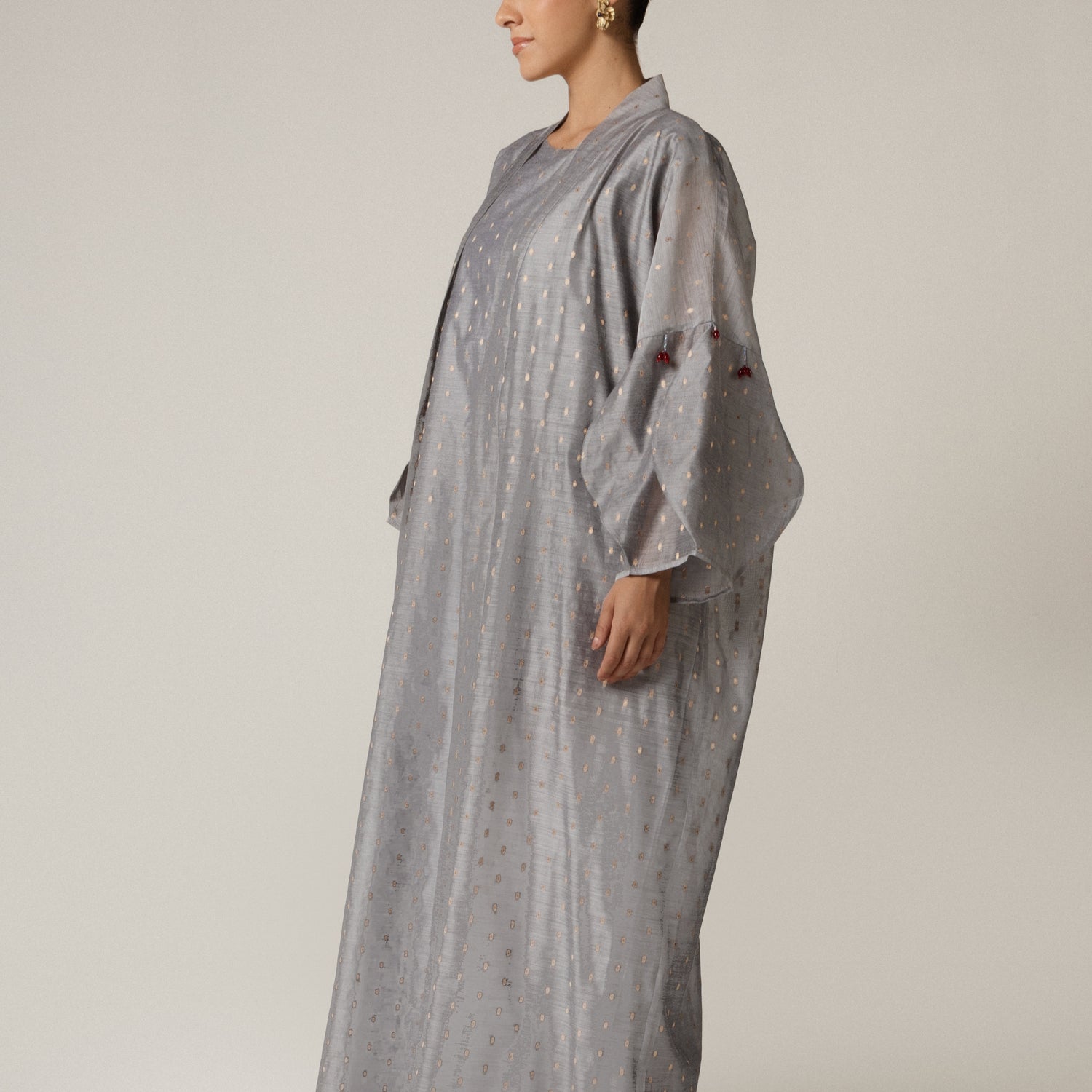 Organza Jaquard Hand Embellished Beaded Tassels Abaya Set