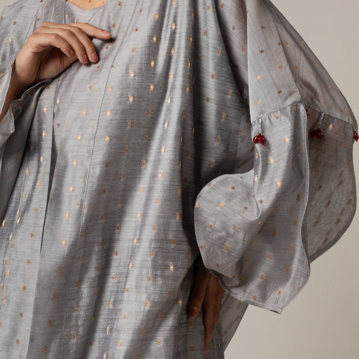 Organza Jaquard Hand Embellished Beaded Tassels Abaya Set