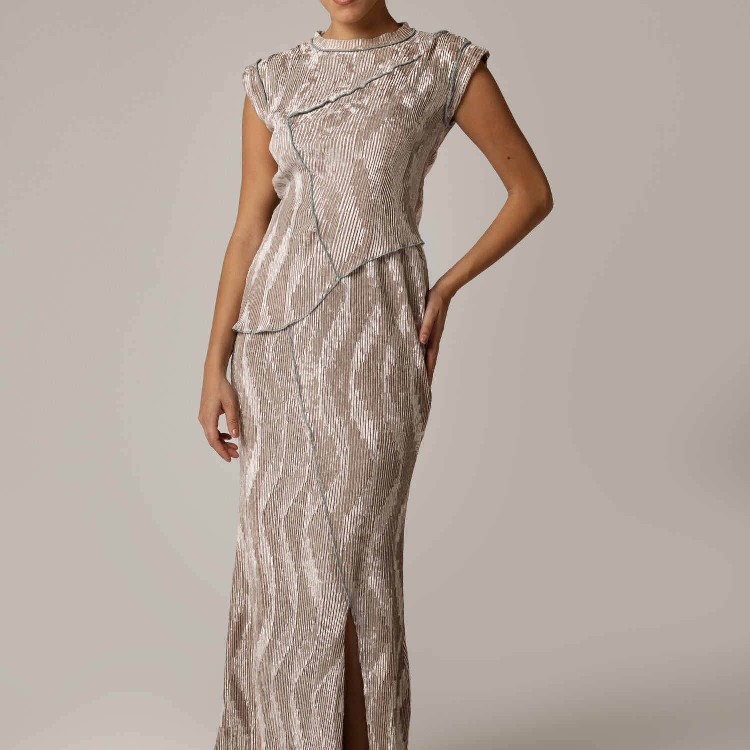 Beige Velvet Two-Piece Set – Top & Skirt – Elegant Winter Outfit