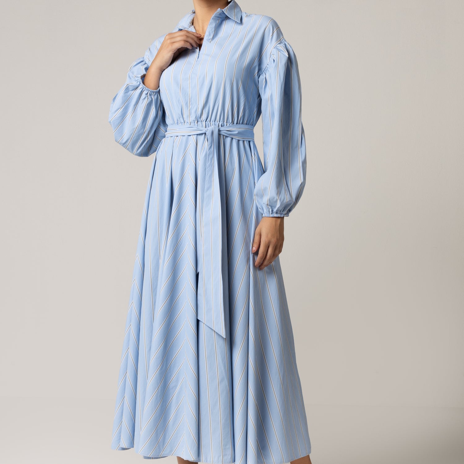 Blue with Tie Belt and Elastic Wristband Dress