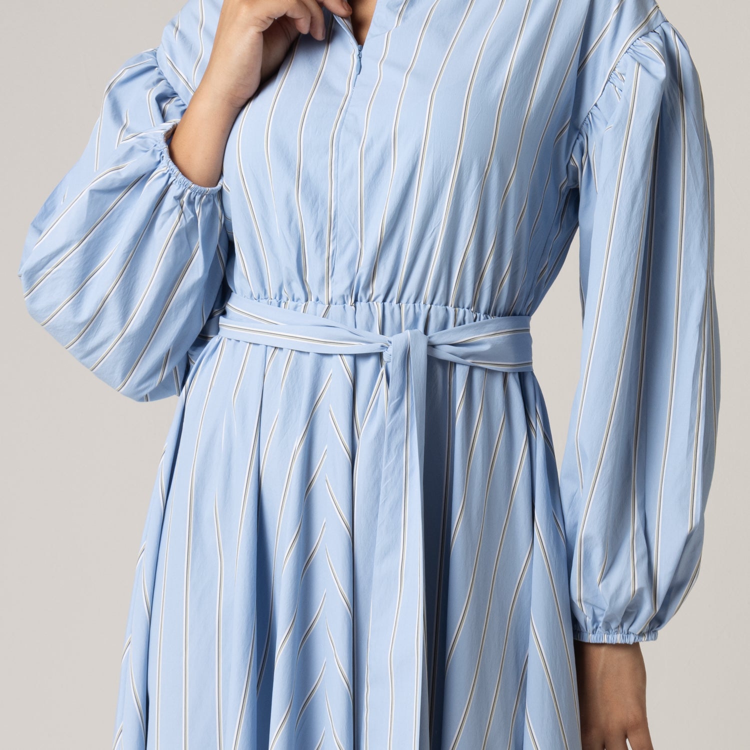 Blue with Tie Belt and Elastic Wristband Dress