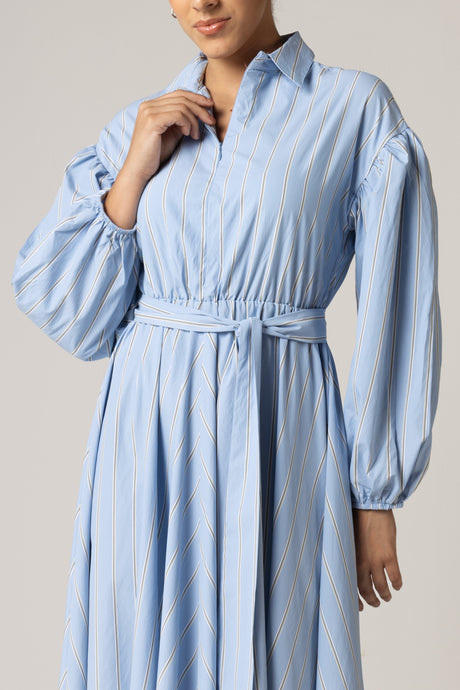 Blue with Tie Belt and Elastic Wristband Dress