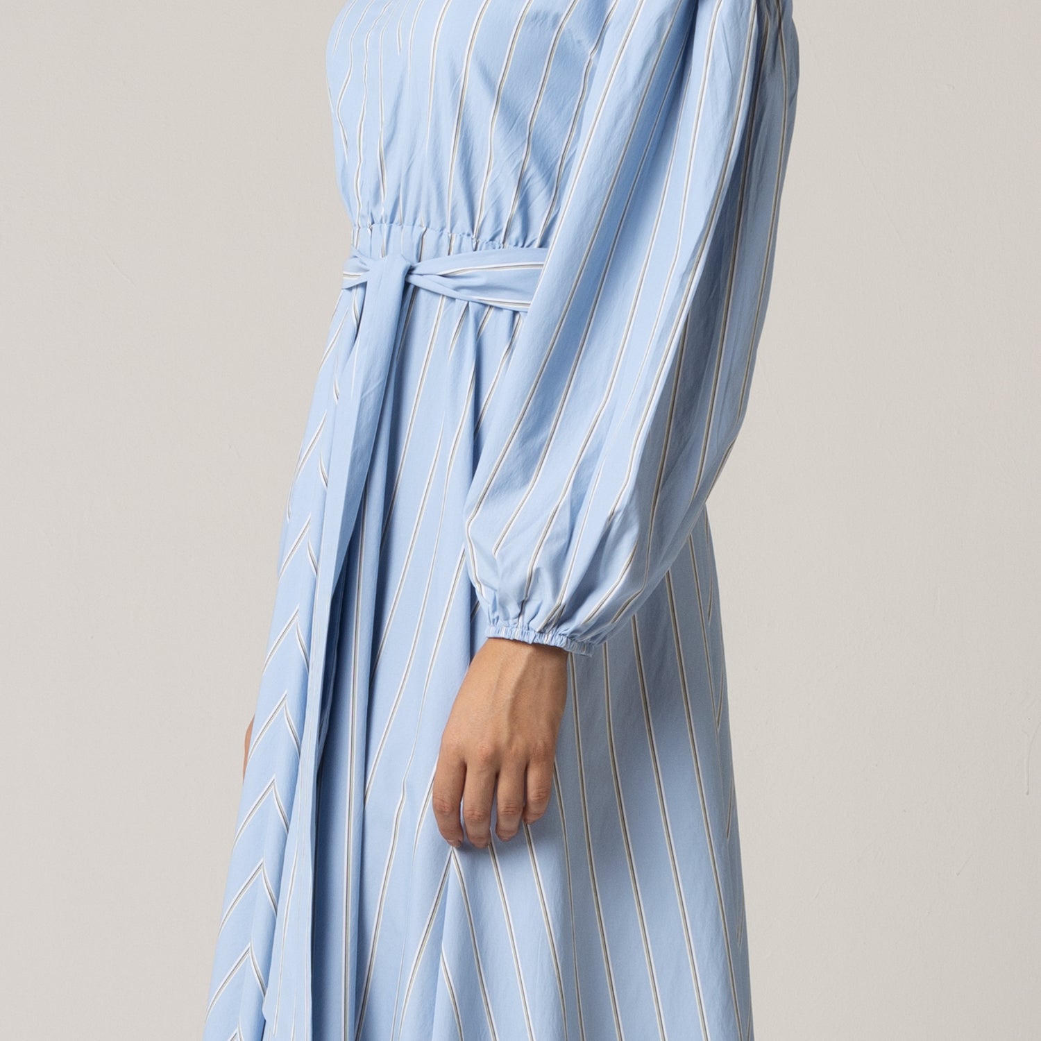 Blue with Tie Belt and Elastic Wristband Dress