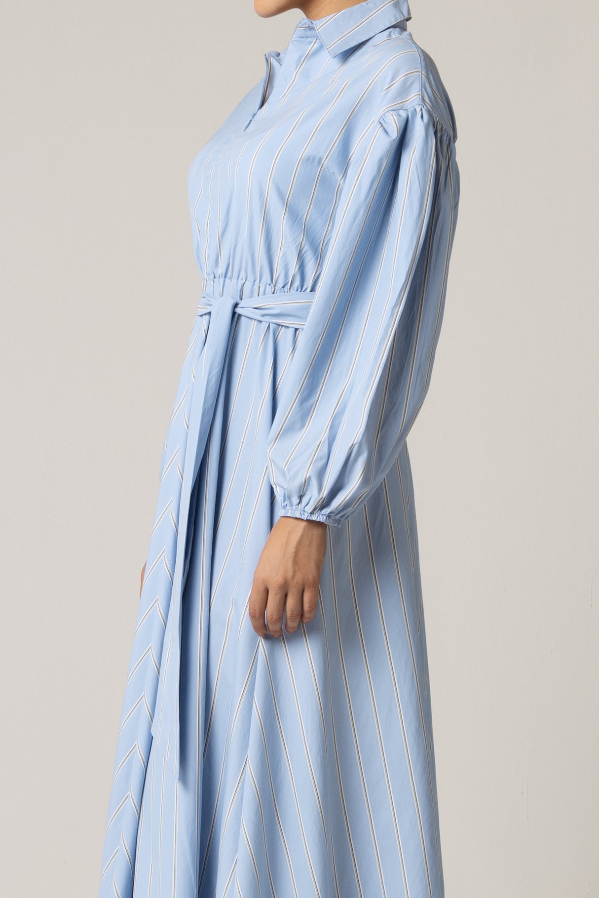 Blue with Tie Belt and Elastic Wristband Dress