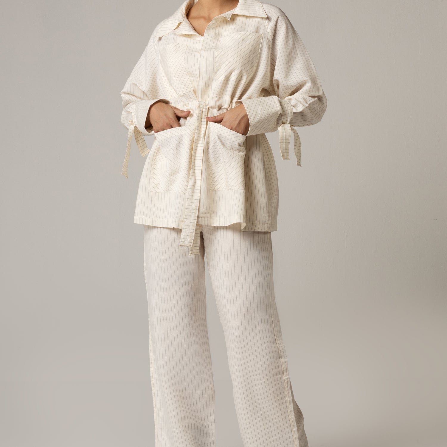 Striped Poplin Shirt & Pant Set - Off White