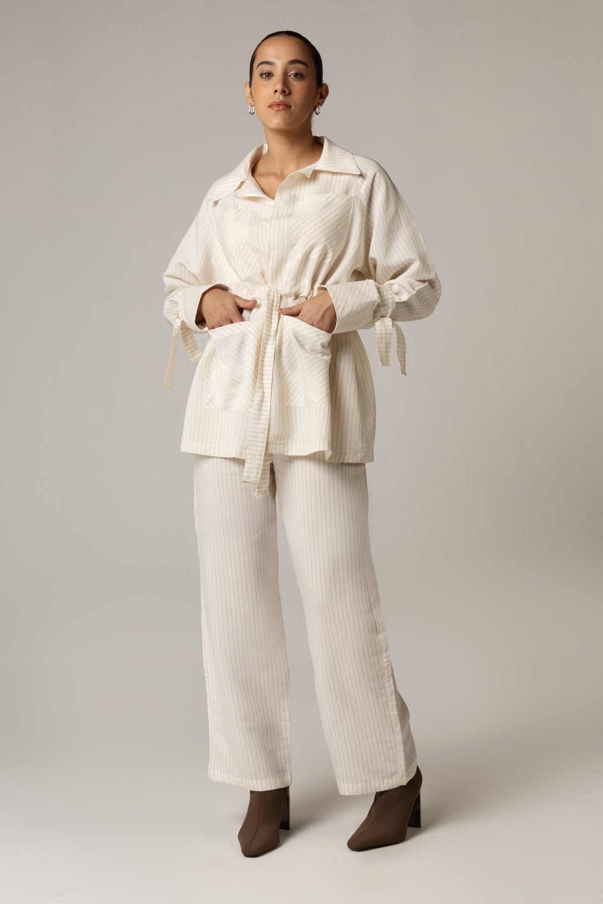 Striped Poplin Shirt & Pant Set - Off White