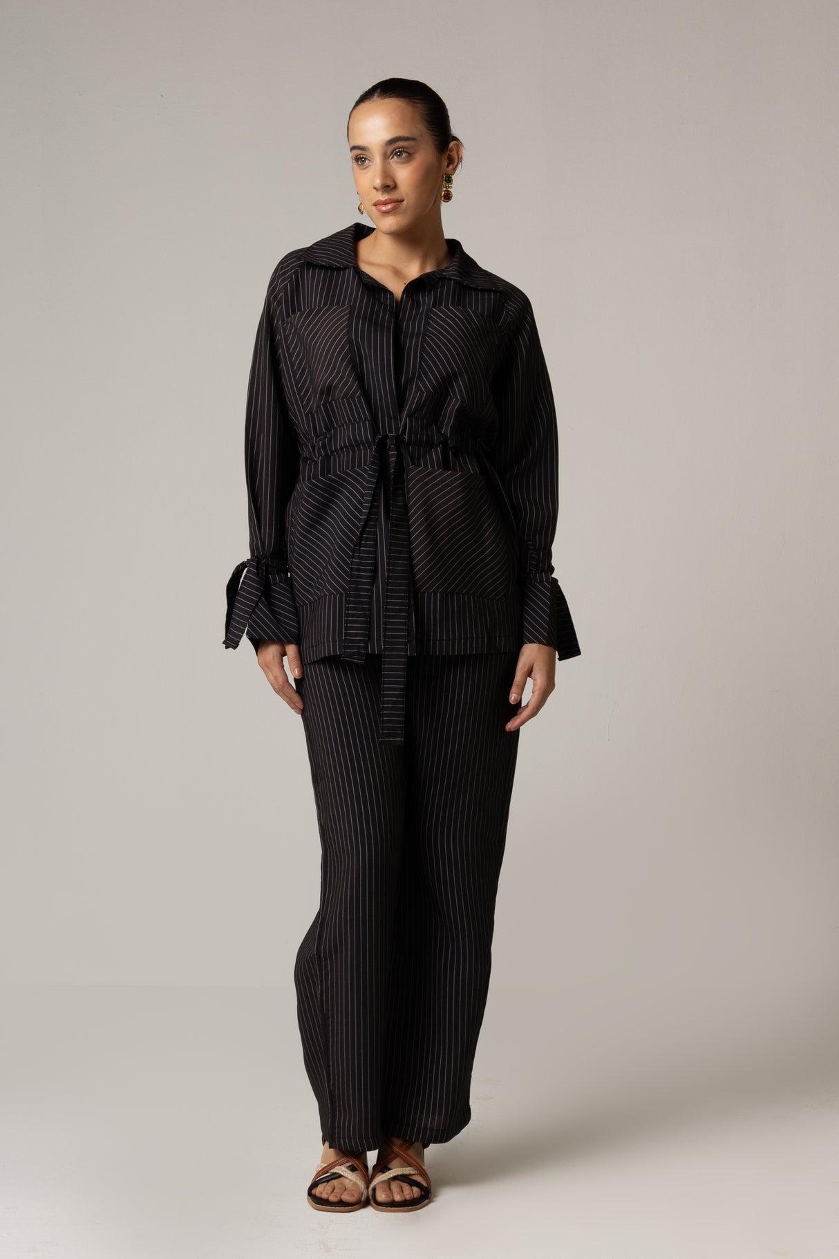 Striped Poplin Shirt & Pant Set - Black