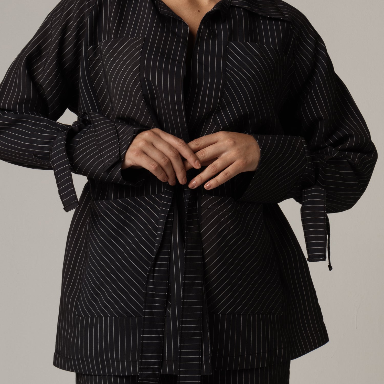 Striped Poplin Shirt & Pant Set - Black