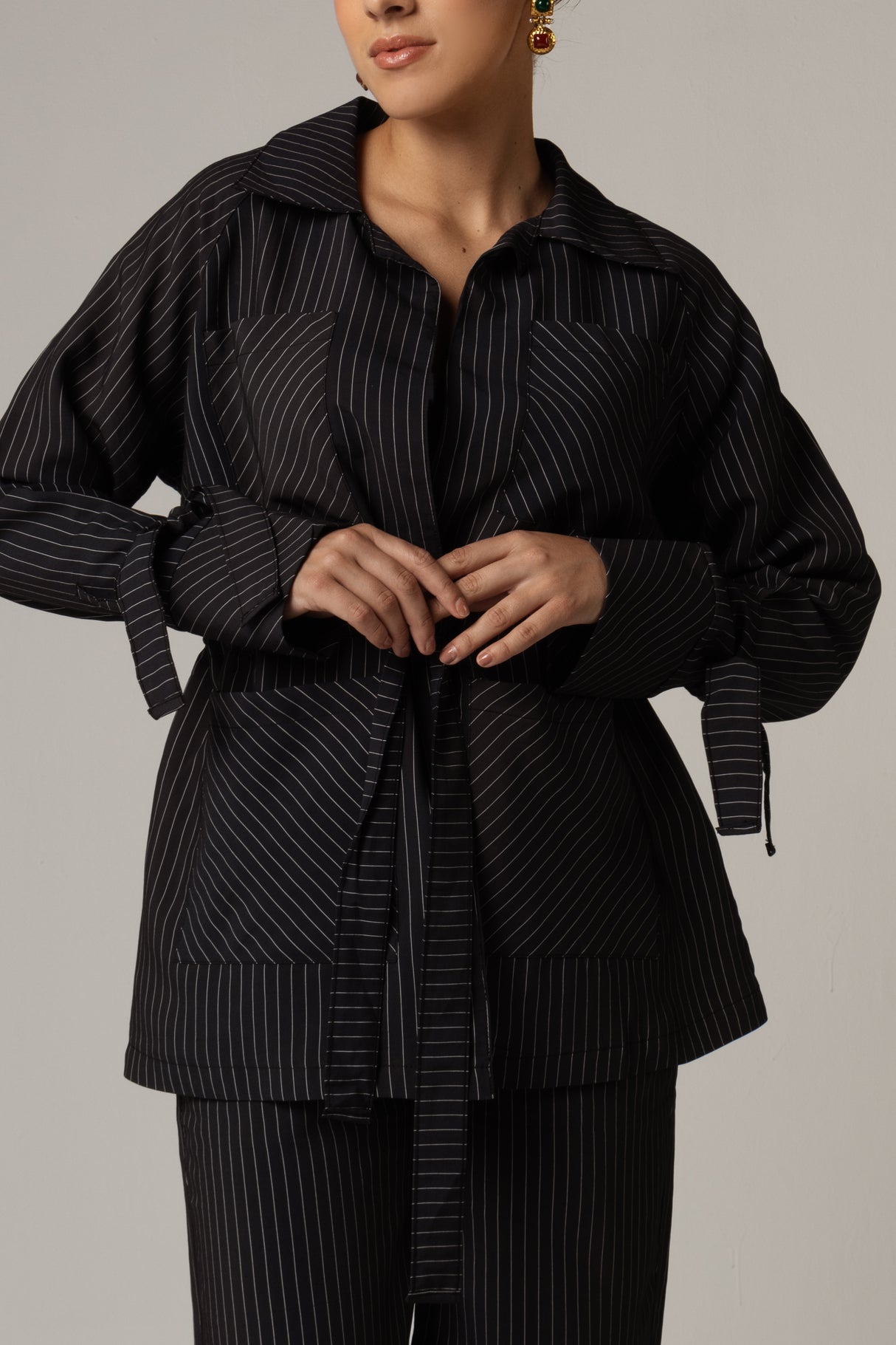 Striped Poplin Shirt & Pant Set - Black