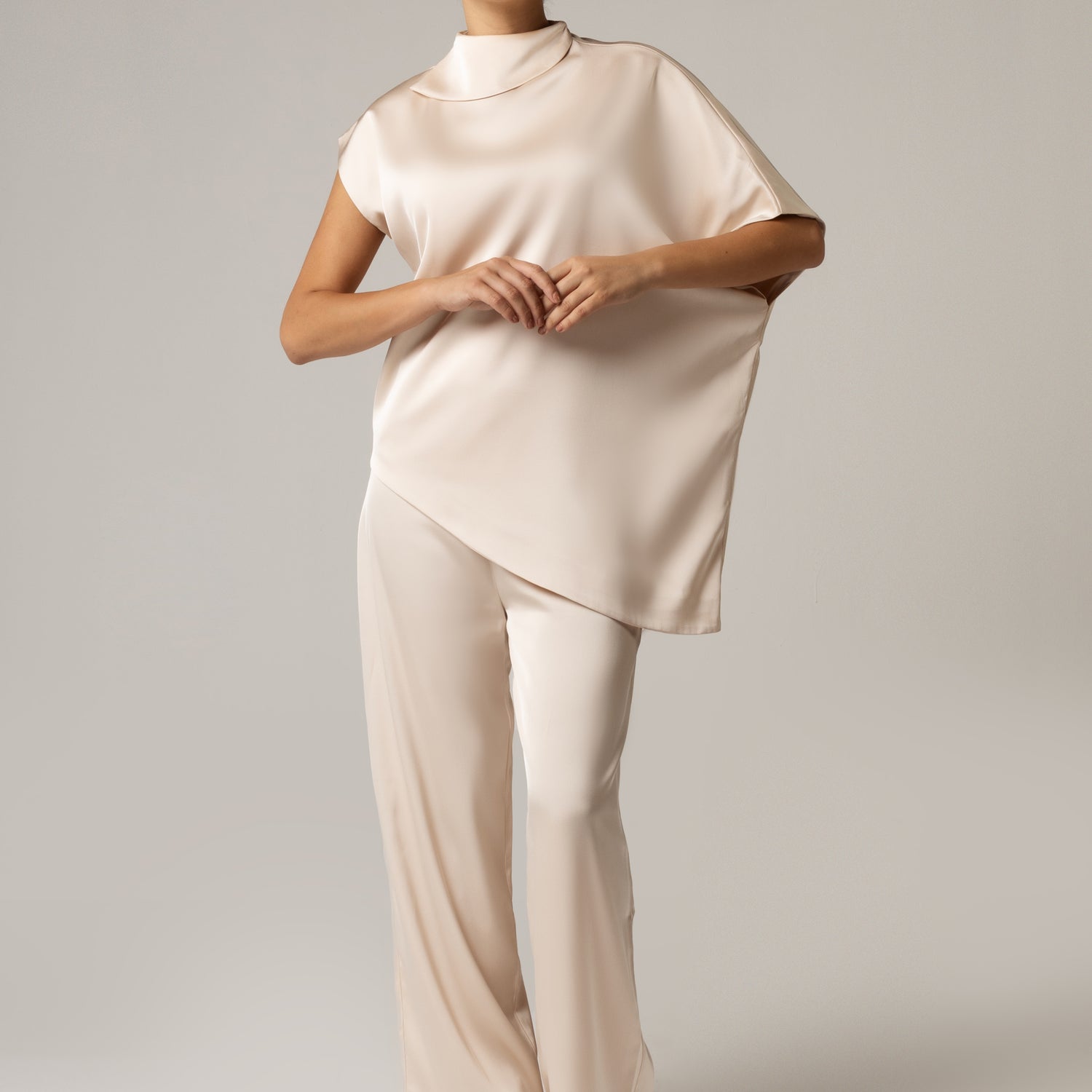 Pearl Satin Asymmetrical Top and Pant Set
