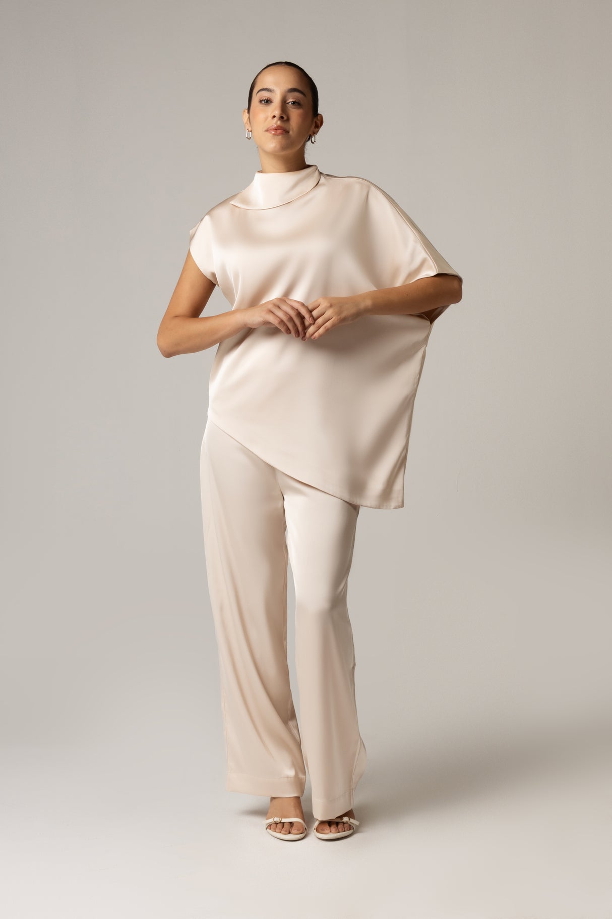 Pearl Satin Asymmetrical Top and Pant Set