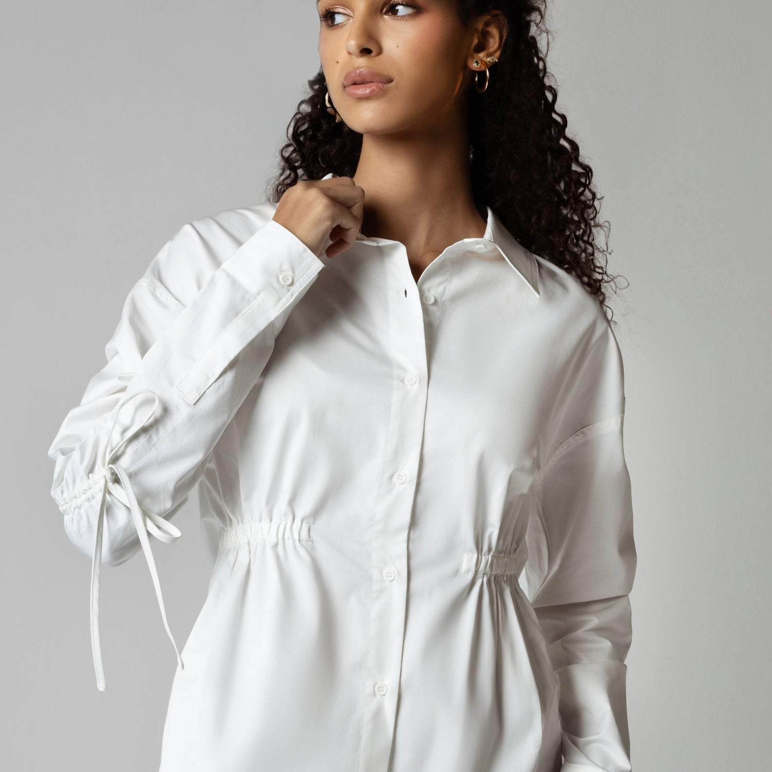 🎁 White Poplin Shirt with Drawstring Details (30% off)
