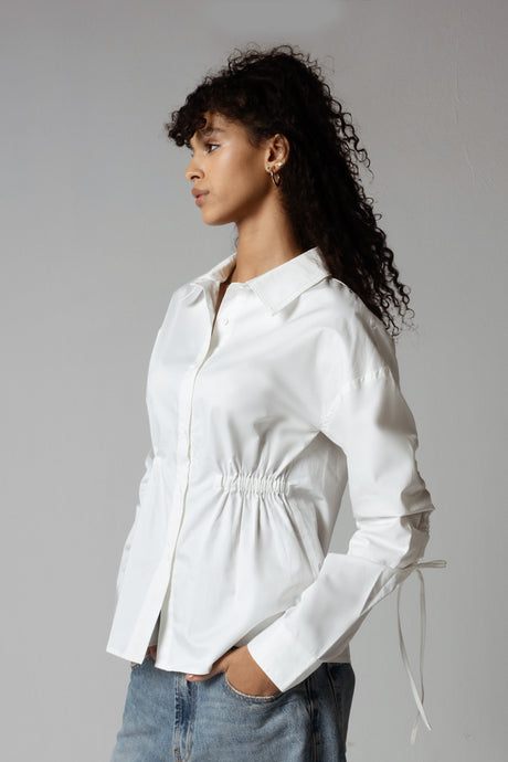 White Poplin Shirt with Drawstring Details