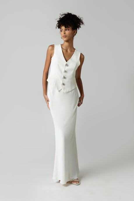 Crepe Co-ord Vest with Button Details in White