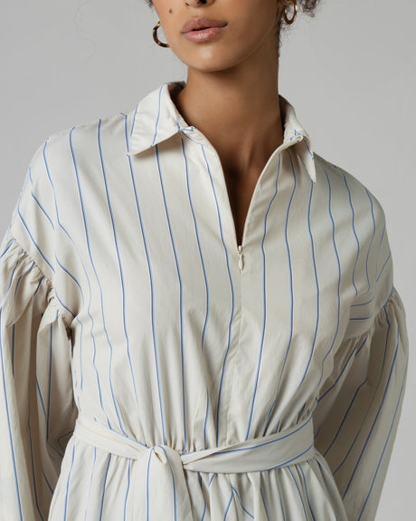 Dress with Tie Belt and Elastic Wristband - White