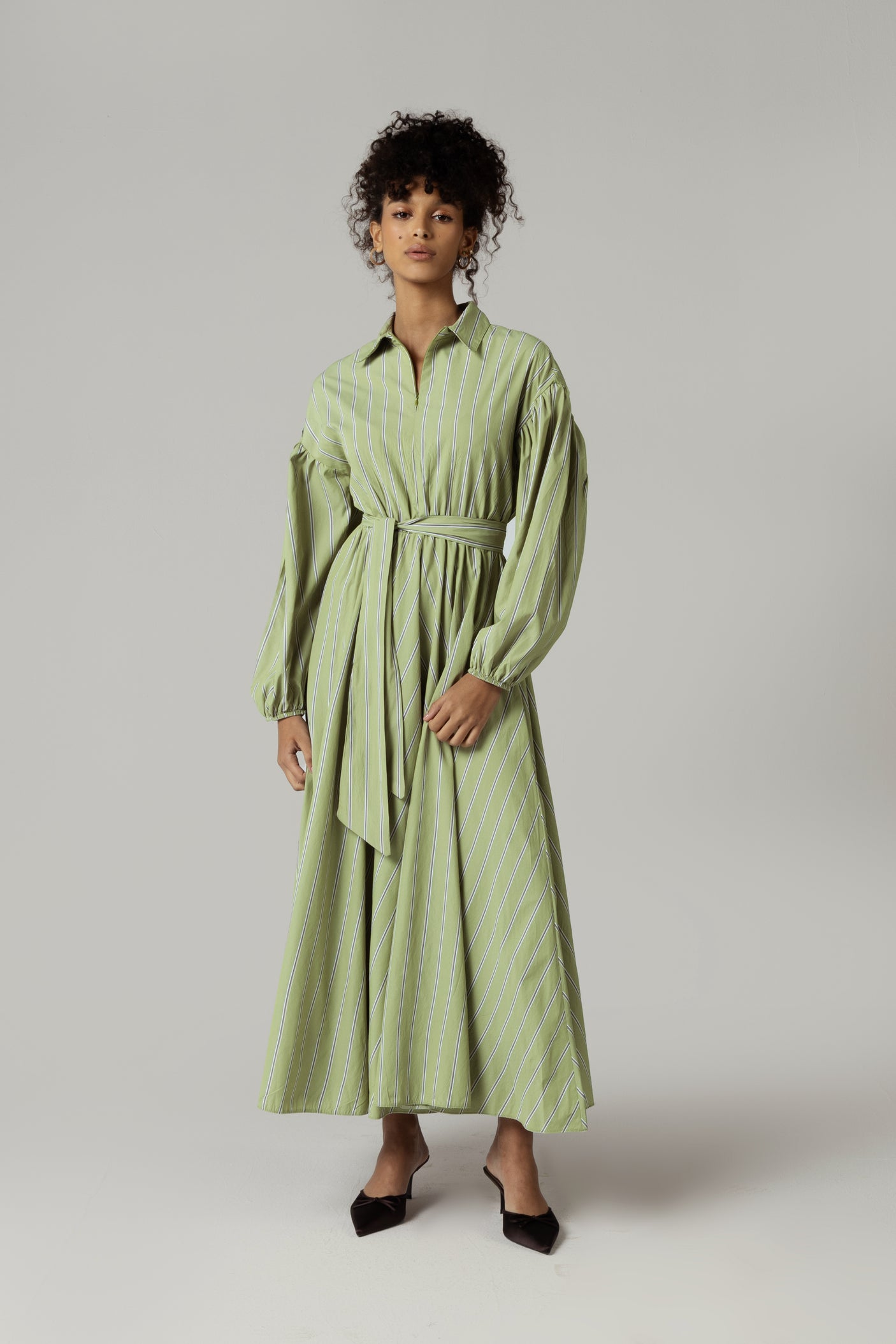 Dress with Tie Belt and Elastic Wristband - Green