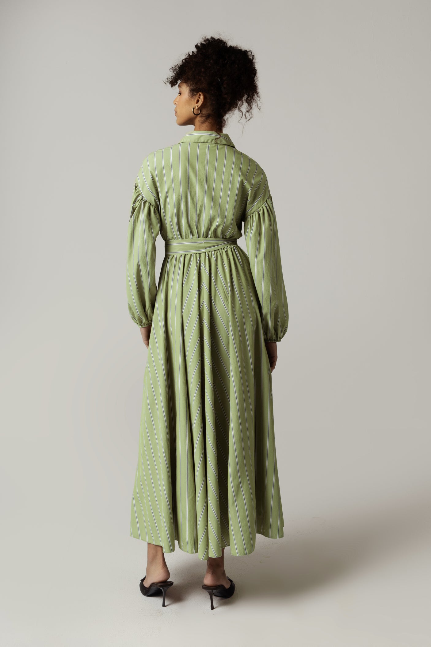 Dress with Tie Belt and Elastic Wristband - Green