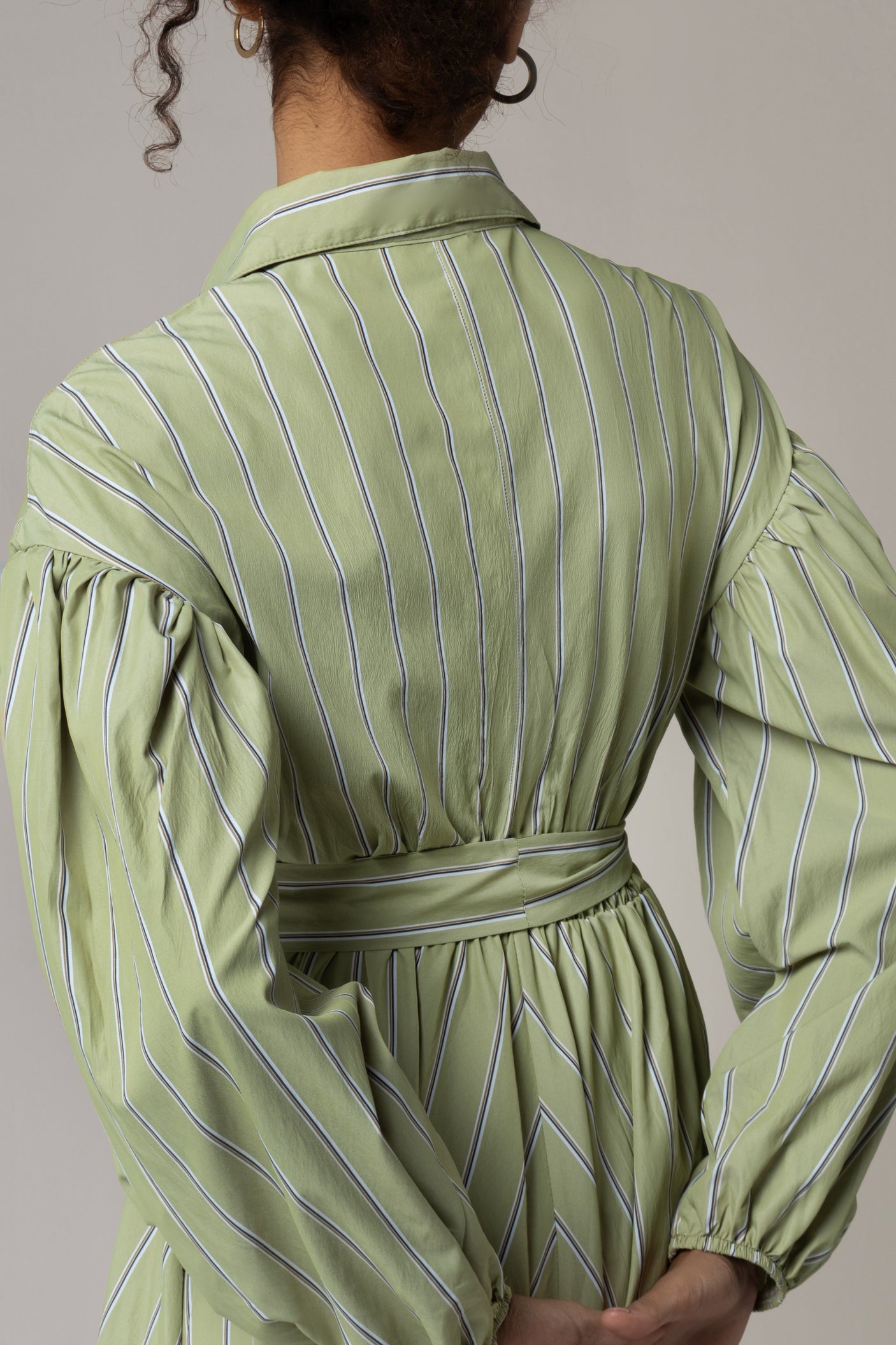 Dress with Tie Belt and Elastic Wristband - Green