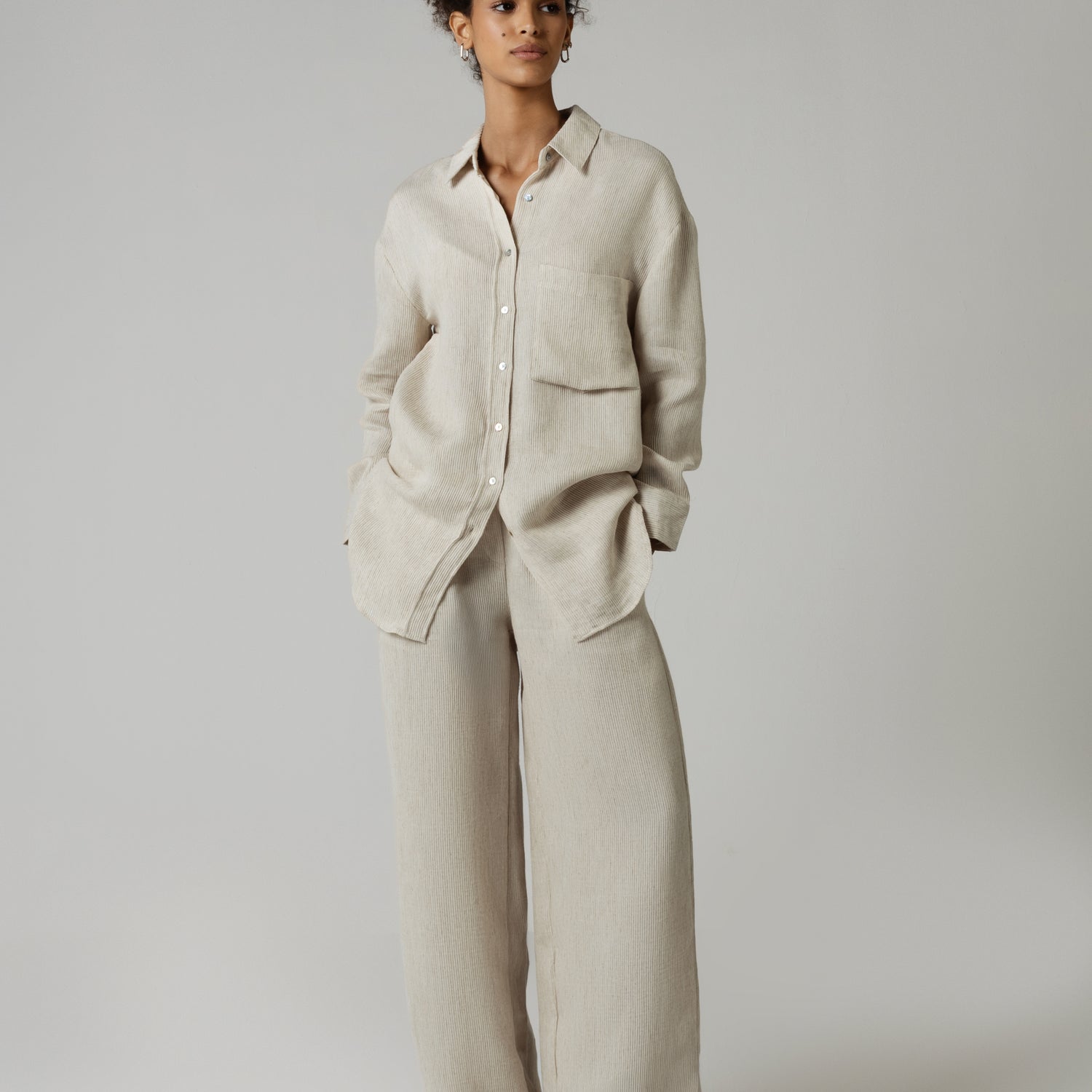 Beige Linen Striped Pant and Shirt Set