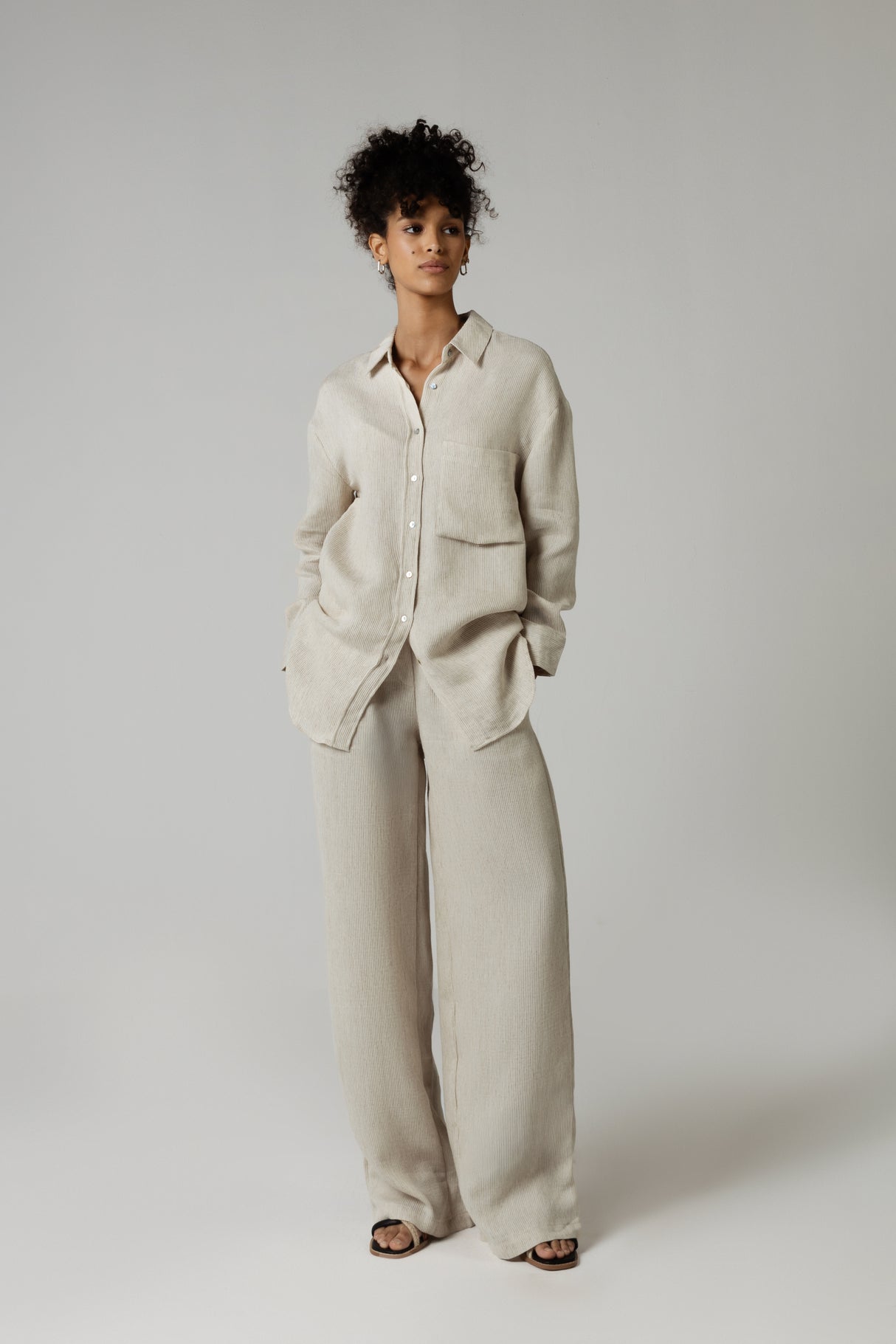 Beige Linen Striped Pant and Shirt Set