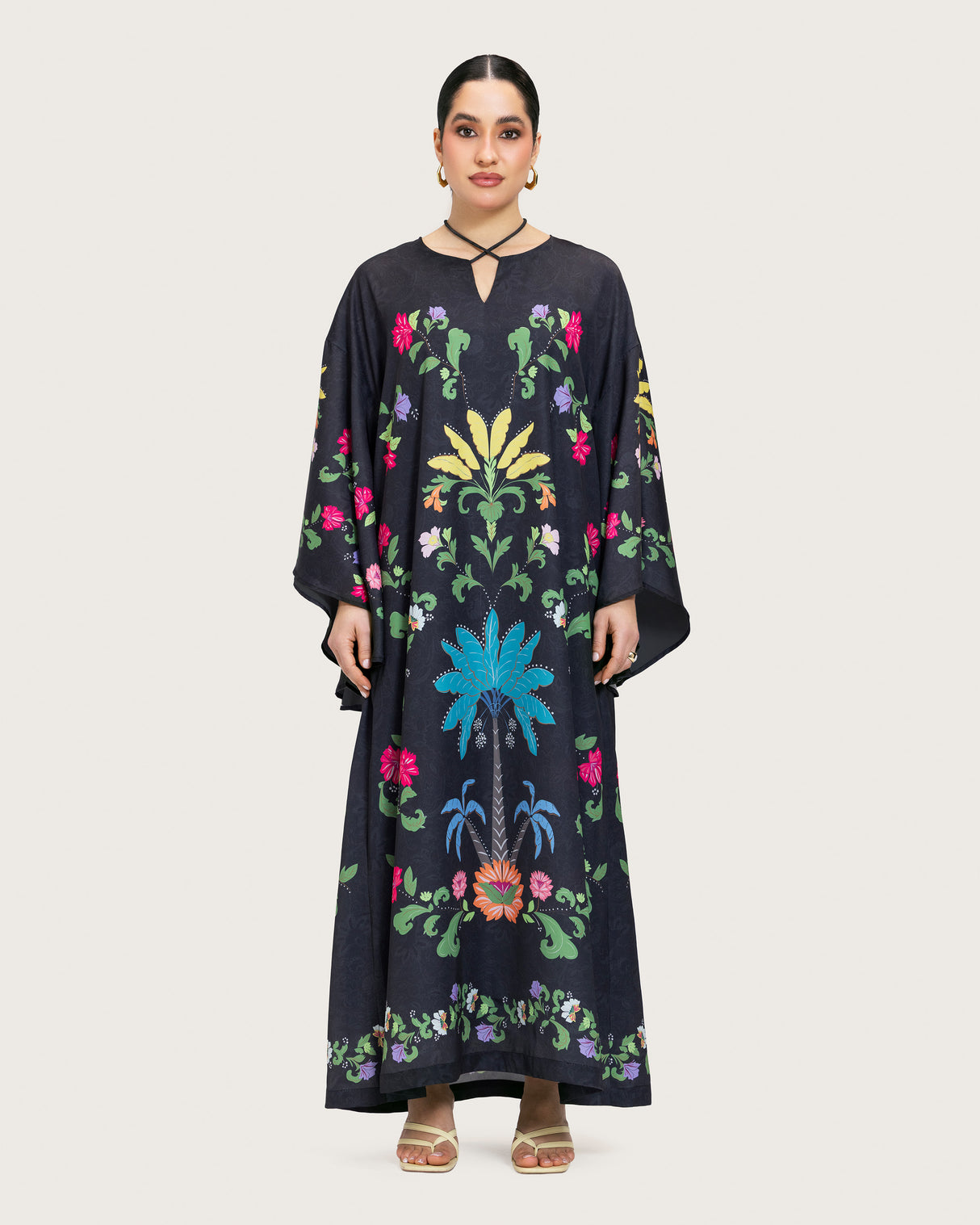 Black Printed Maxi Kaftan Dress with Beaded Tassel