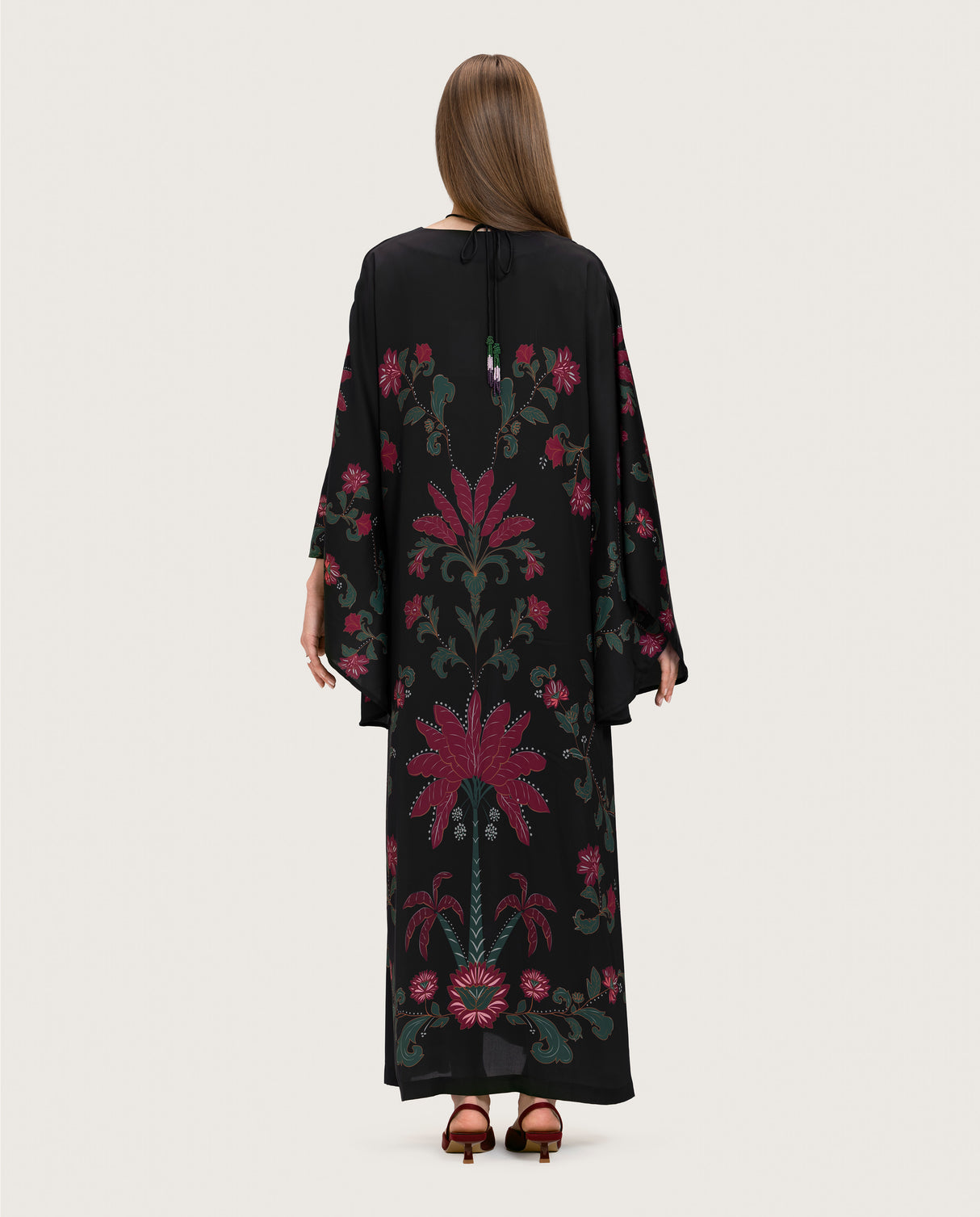 Satin Black Botanical Printed Kaftan