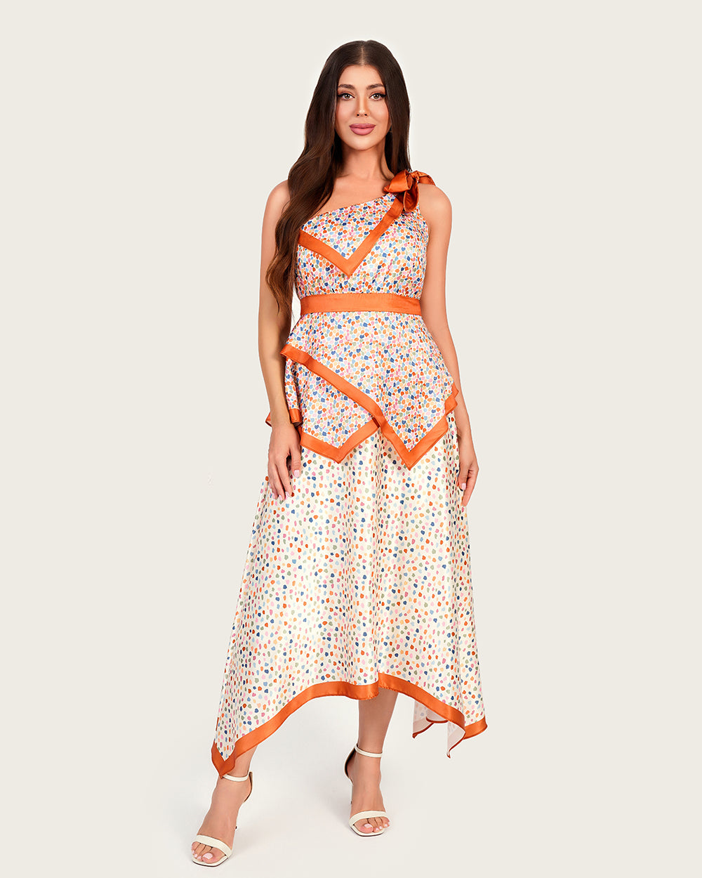 Statement Satin One-Shoulder Dress with Artistic Print & Bow Detail