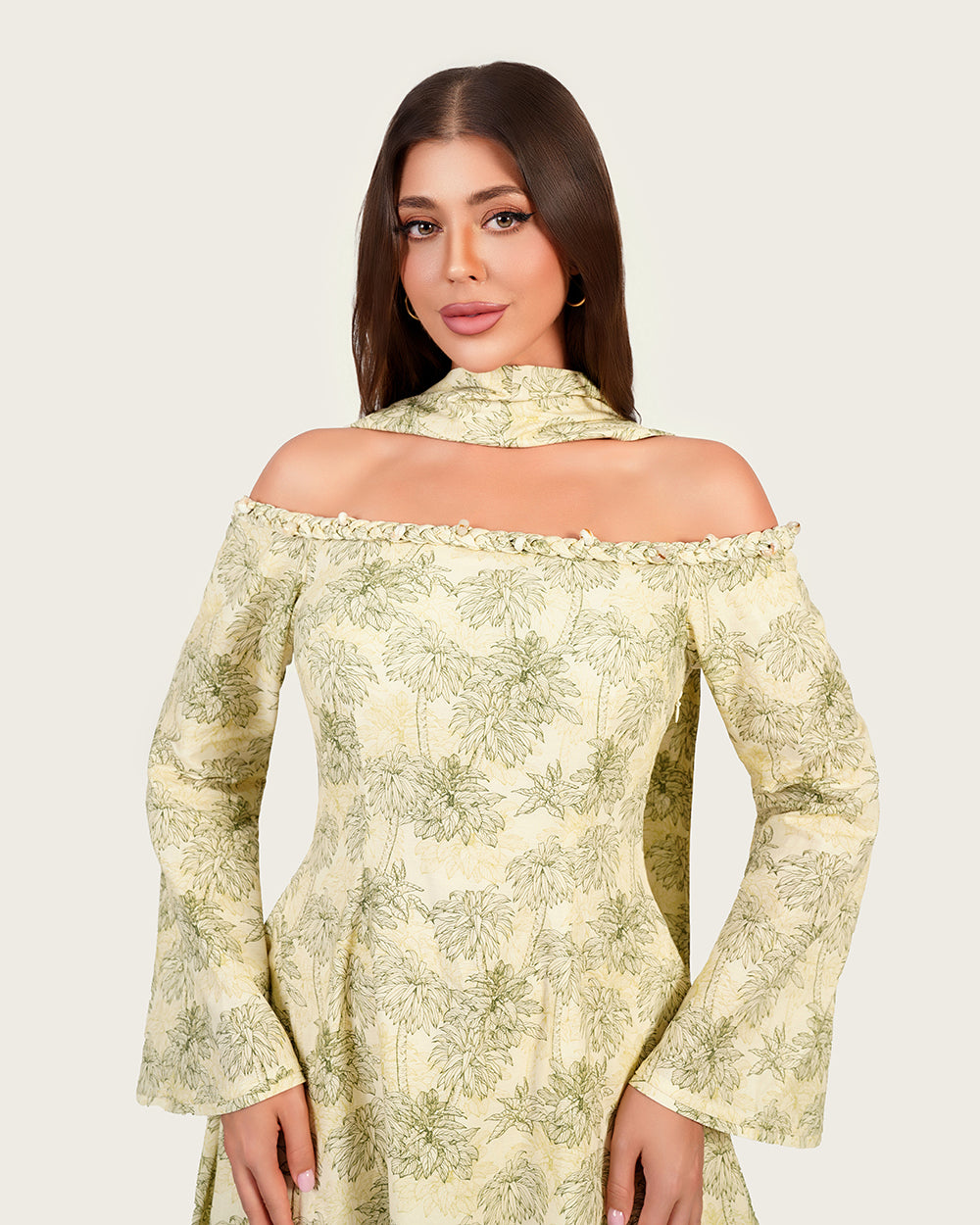 Luxury Linen Palm Print Maxi Dress with Scarf & Flared Sleeves
