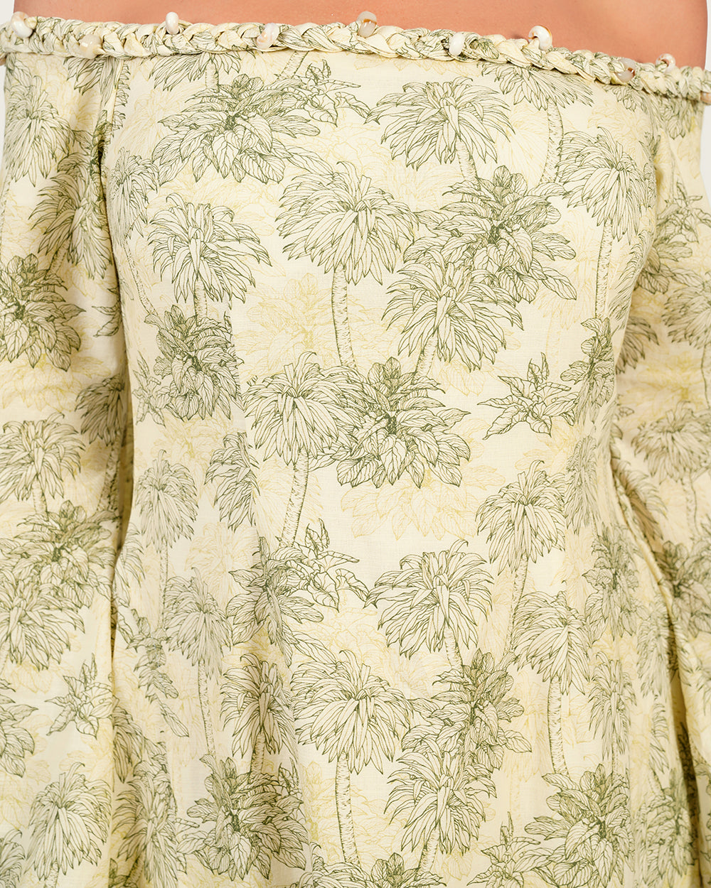 Luxury Linen Palm Print Maxi Dress with Scarf & Flared Sleeves
