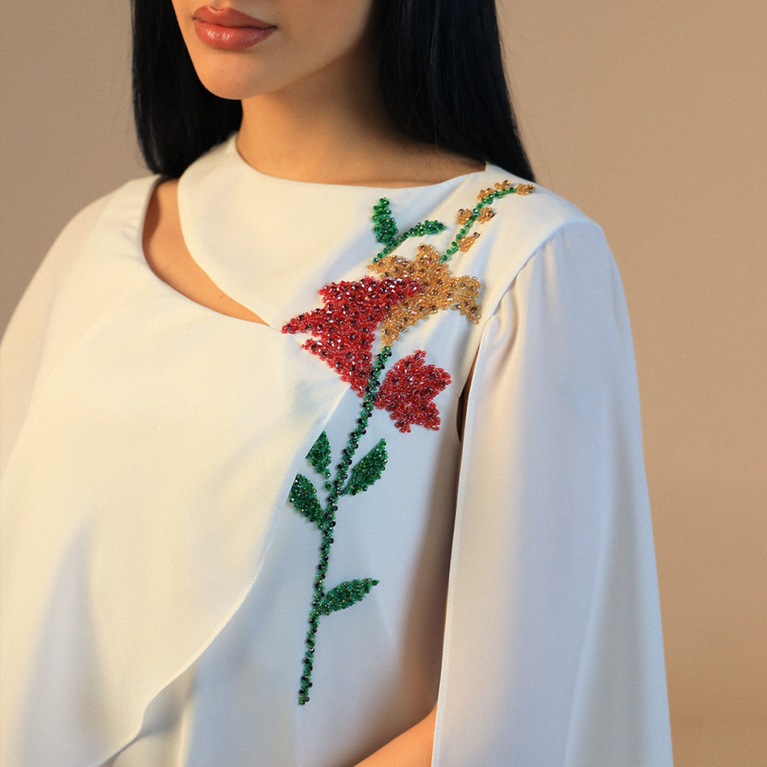 White Embroidered Cape Sleeve Crepe Dress