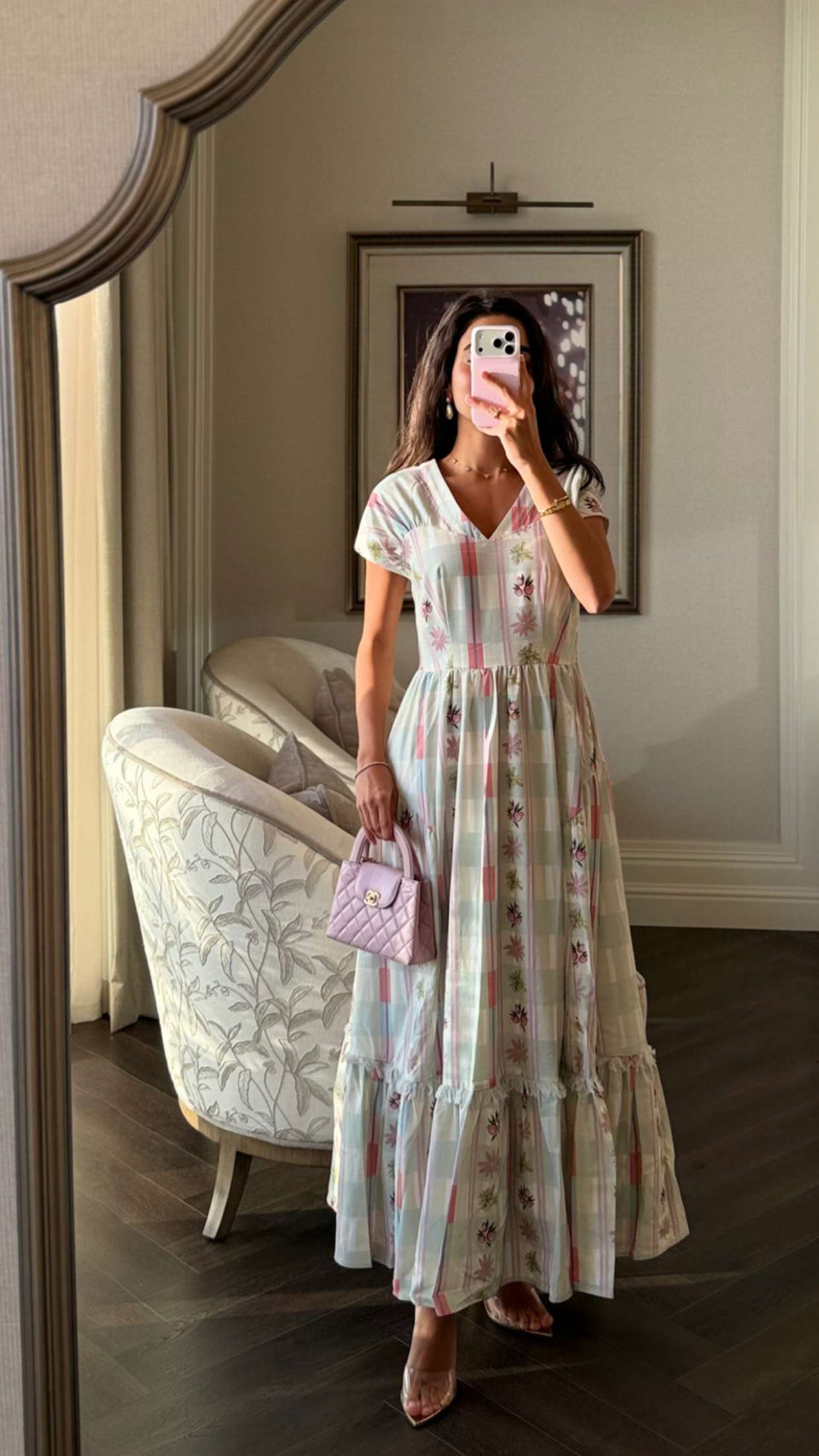 Luxury Linen Maxi Dress with Floral Print & Fringe Detail