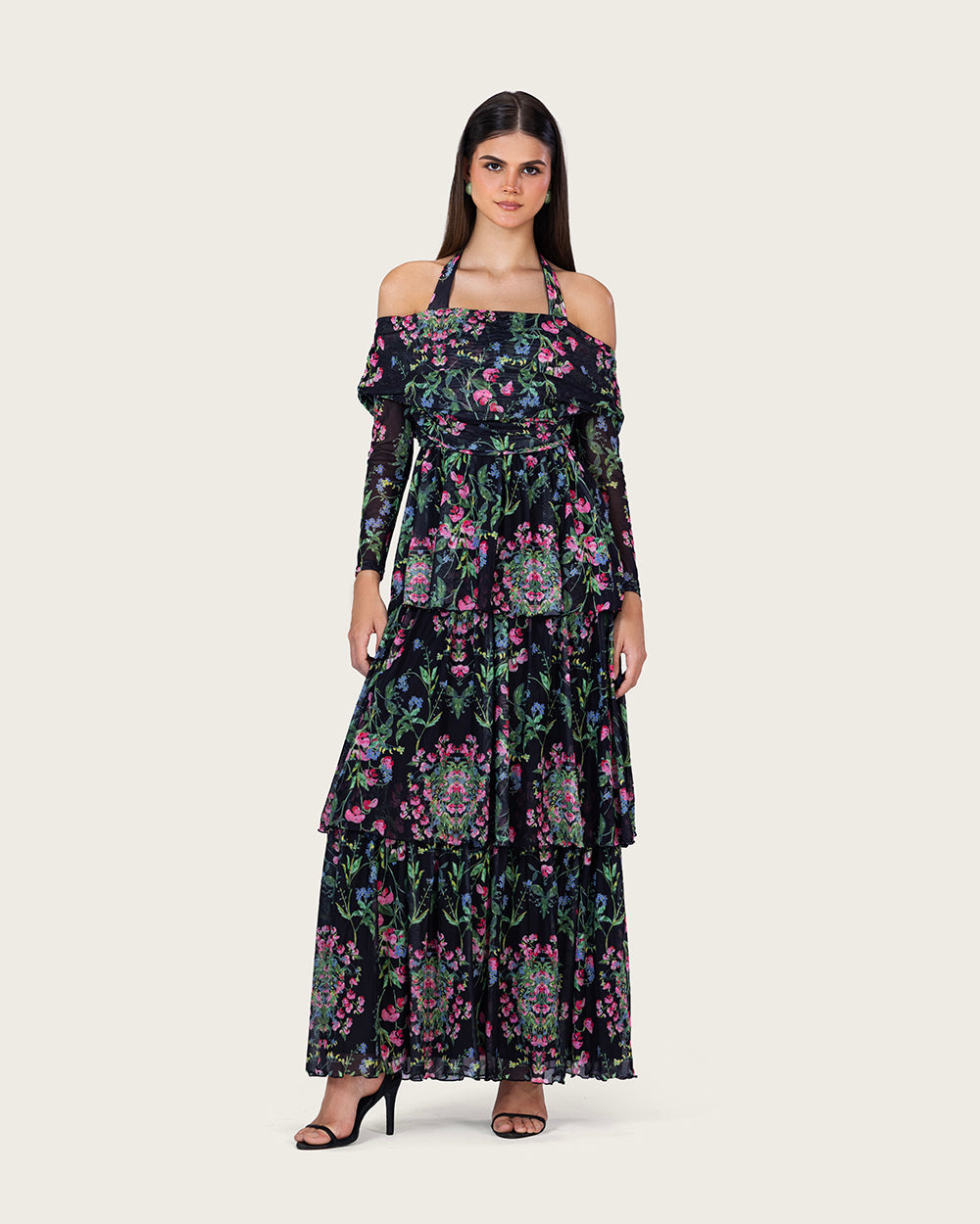 فستان ماكسي شبك مزهر أوف شولدر بطبقات