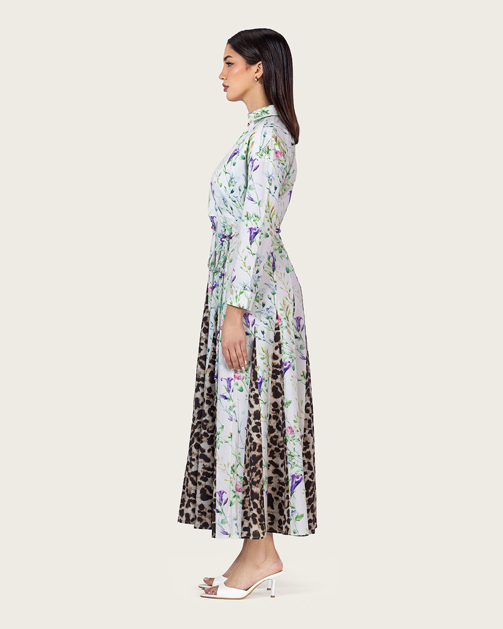 Floral & Leopard Linen Shirt Dress with Braided Beaded Belt