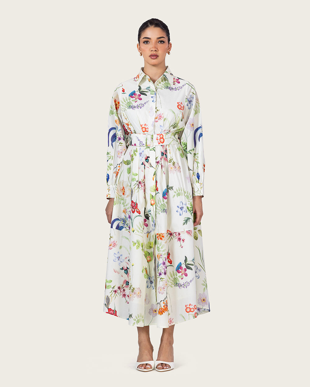 فستان قميص بوبلين مزهر مع حزام