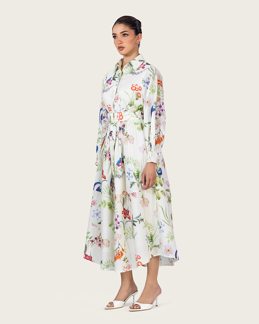 فستان قميص بوبلين مزهر مع حزام