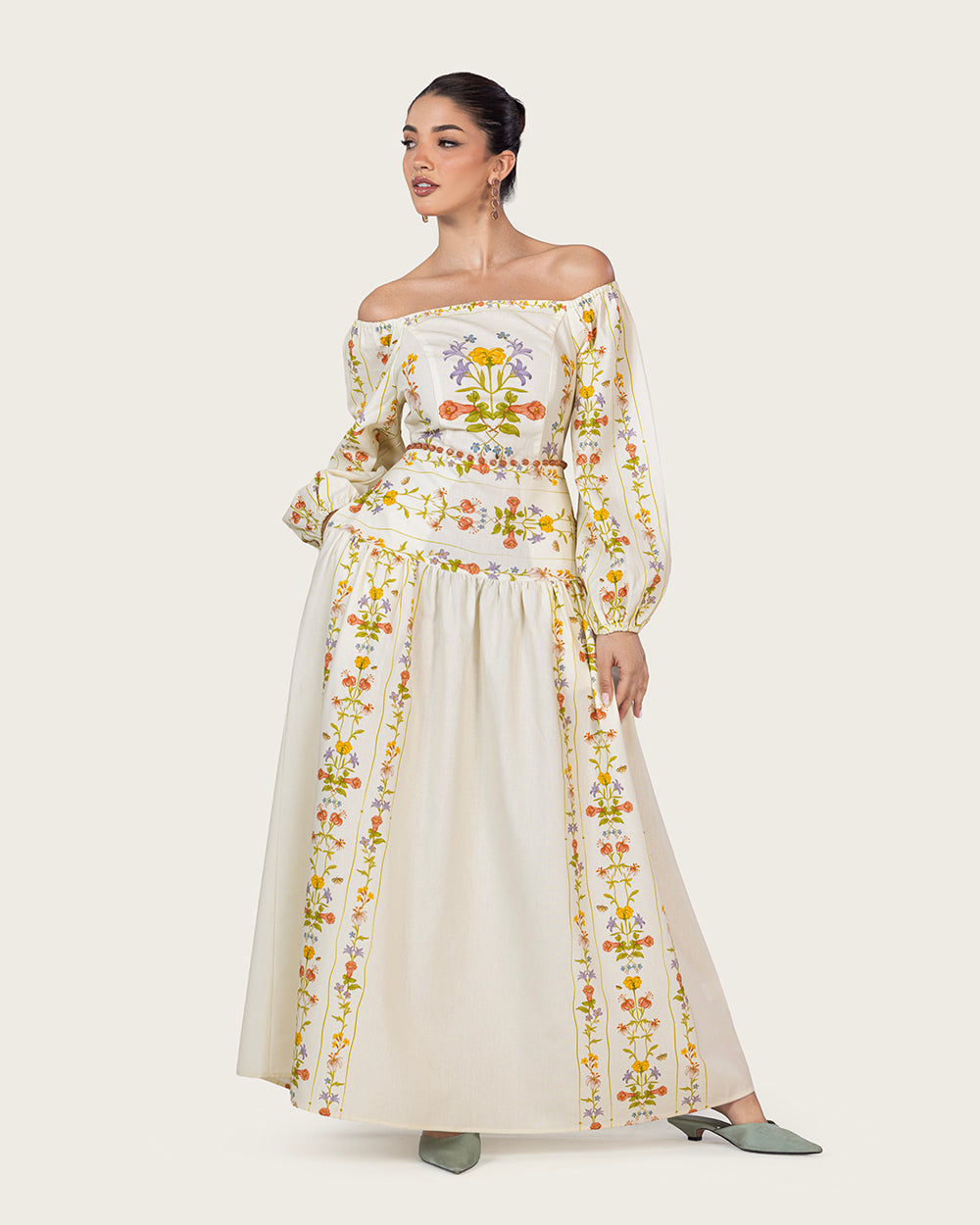 Floral Linen Dress with Hand-Beaded Waist