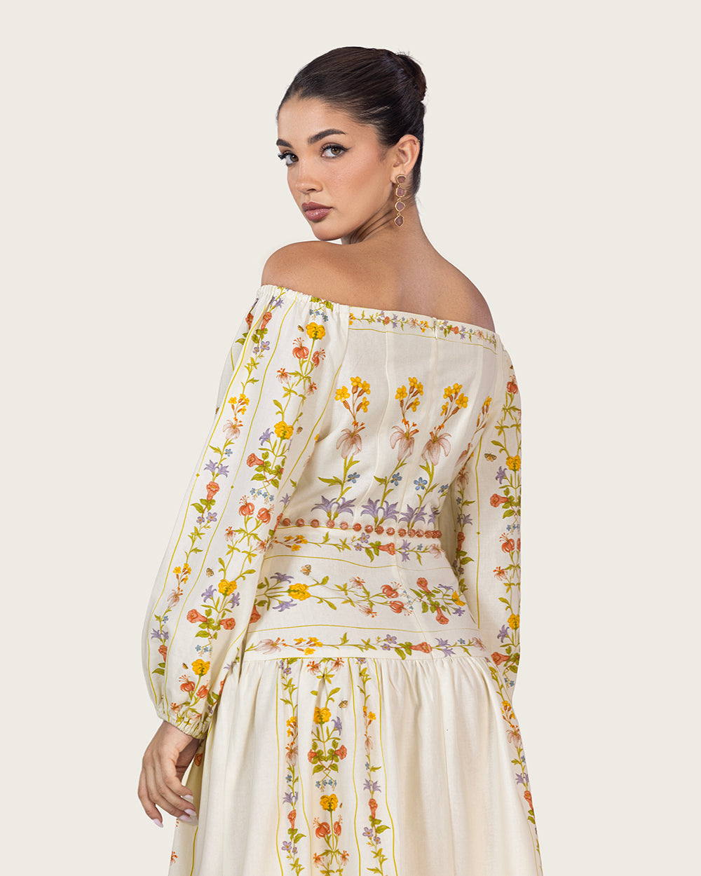 Floral Linen Dress with Hand-Beaded Waist