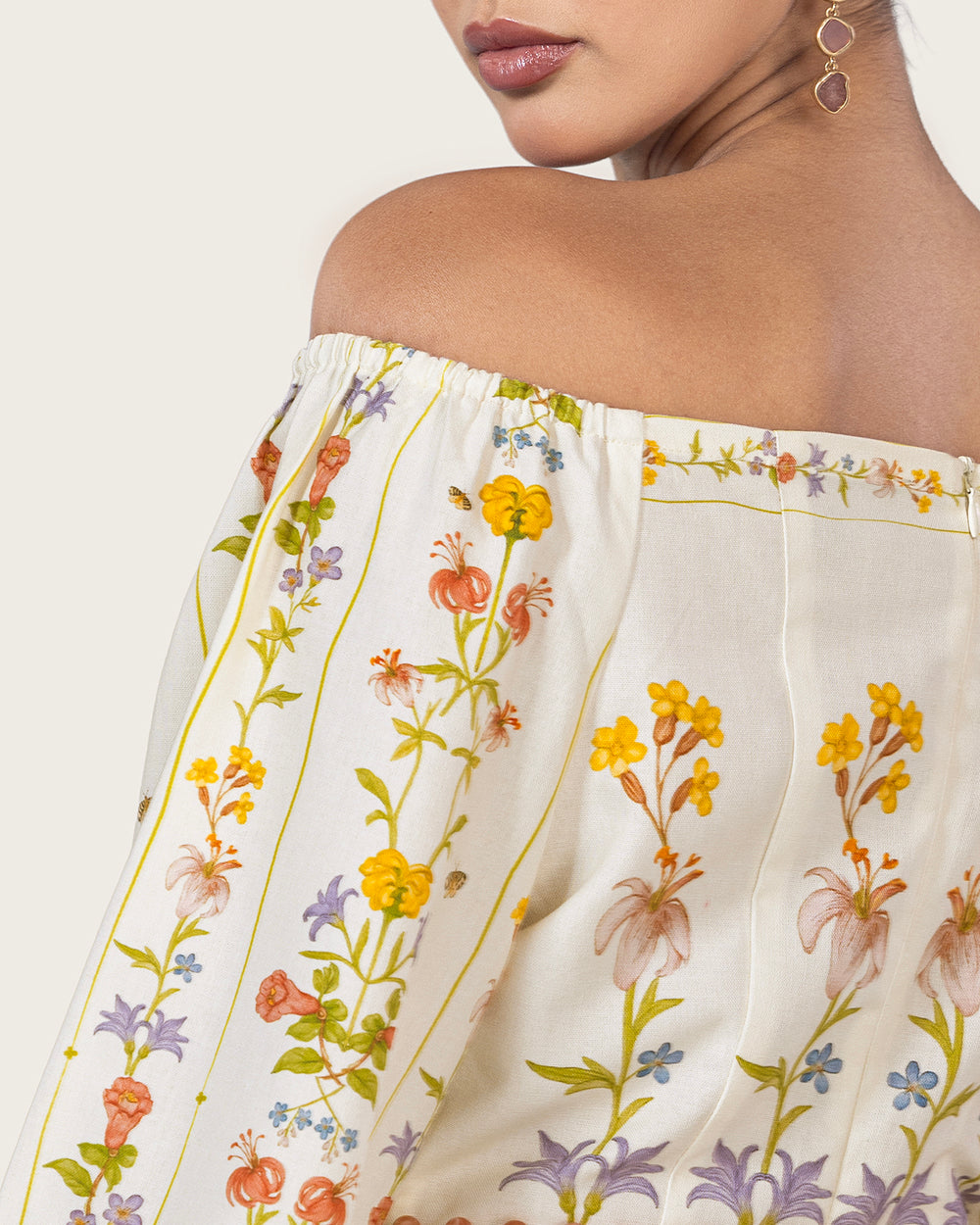 Floral Linen Dress with Hand-Beaded Waist