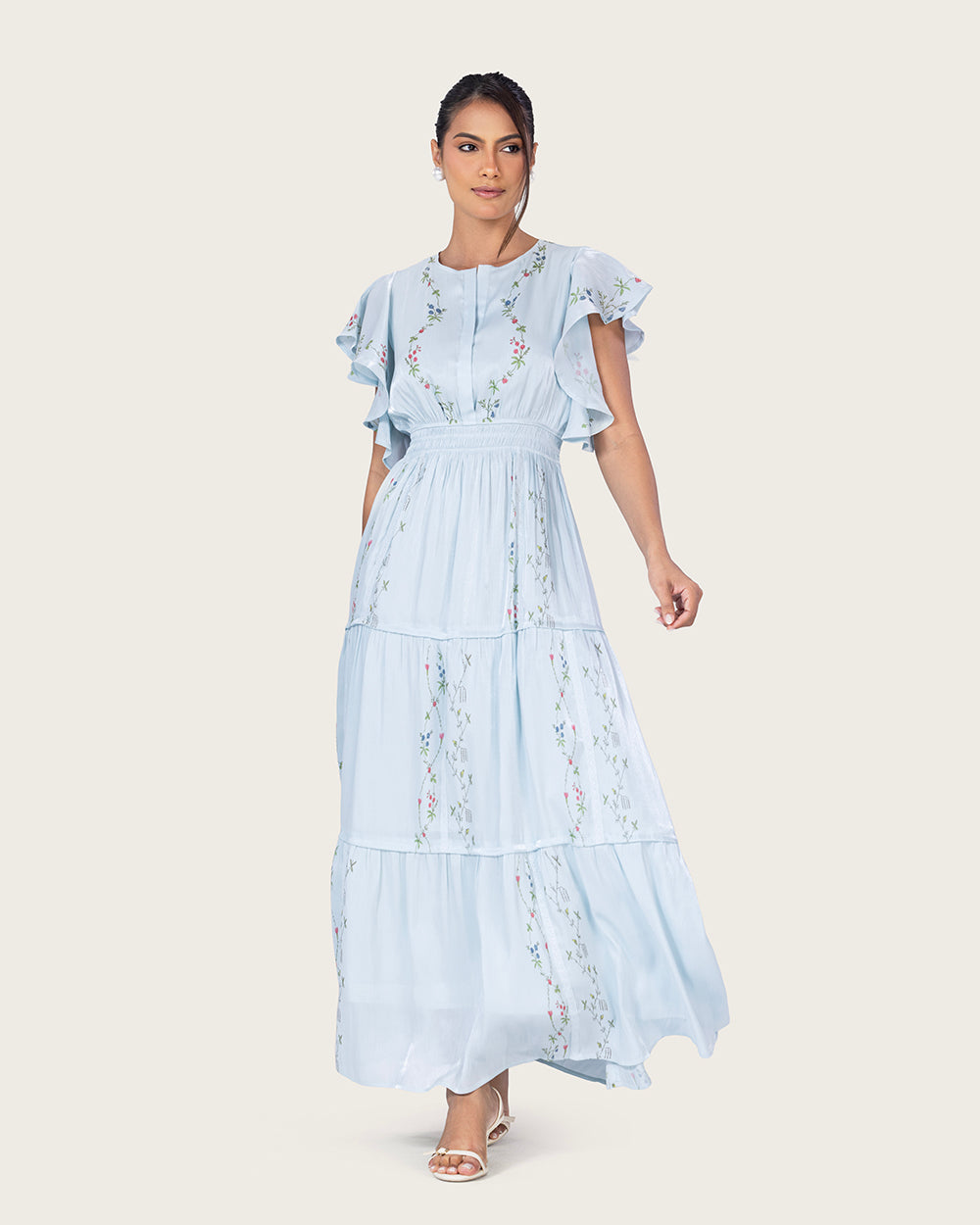 Light Blue Shimmery Chiffon Maxi Dress with Flutter Sleeves