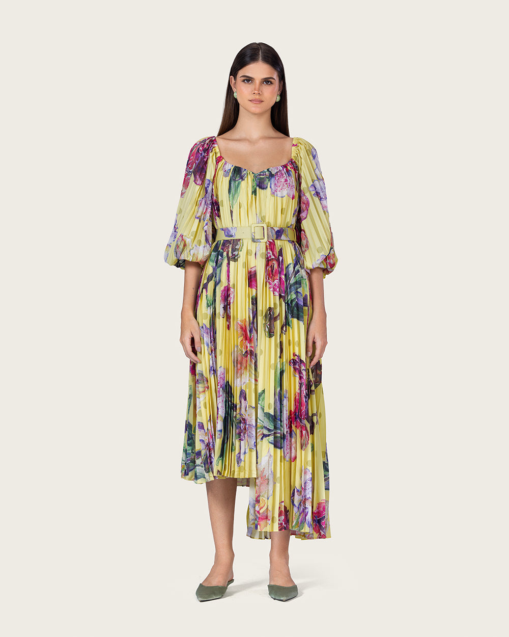 فستان ميدي شيفون أصفر مزهر بكسرات مع حزام