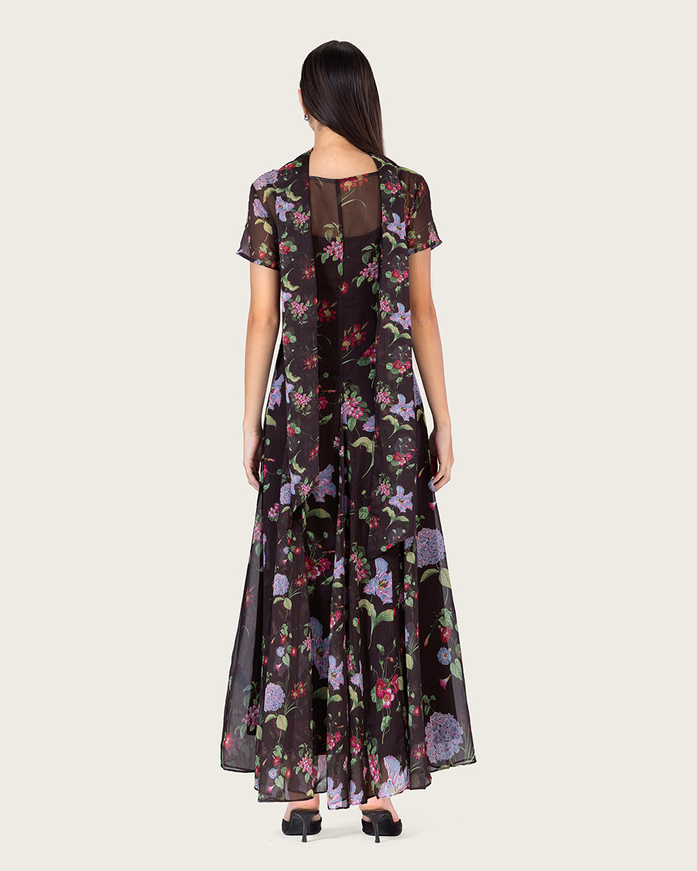 فستان طول الكاحل شيفون مزهر داكن بطبقة شفافة