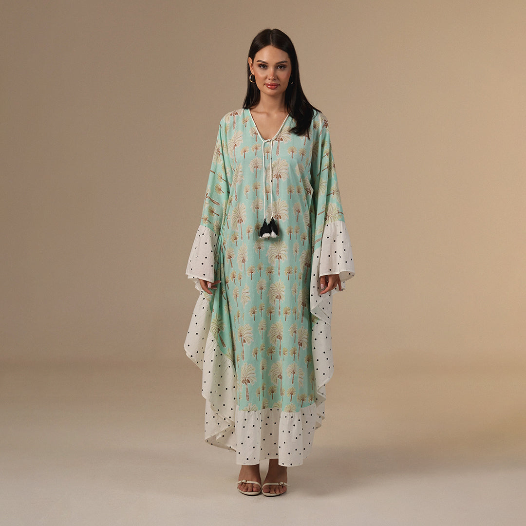 Green Polka Dot and Palm Treas Mix Print Flowy Kaftan