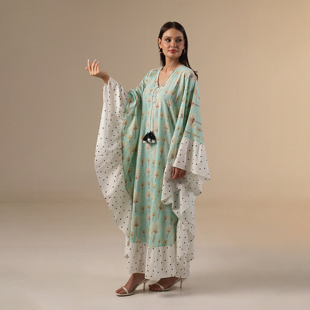 Green Polka Dot and Palm Treas Mix Print Flowy Kaftan