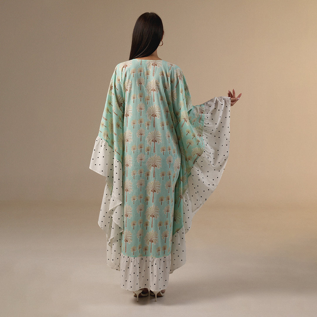 Green Polka Dot and Palm Treas Mix Print Flowy Kaftan