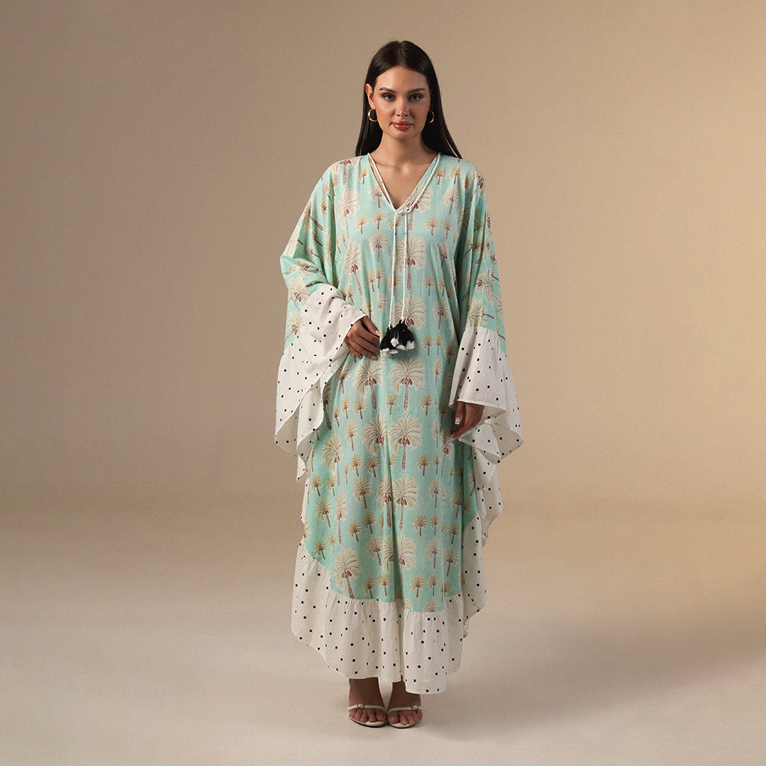 Green Polka Dot and Palm Treas Mix Print Flowy Kaftan