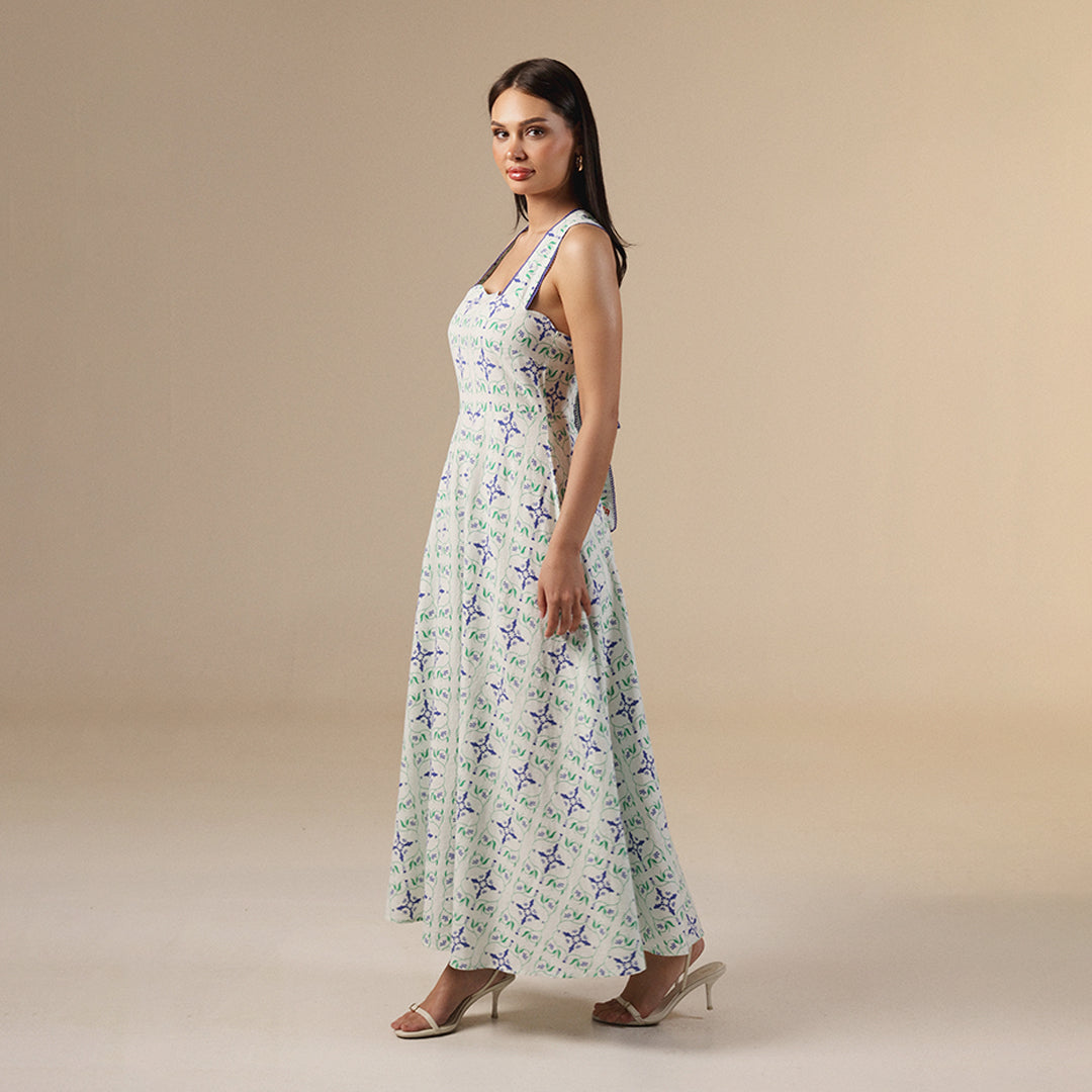 white And Blue Linen Printed Dress with Crochet Trims