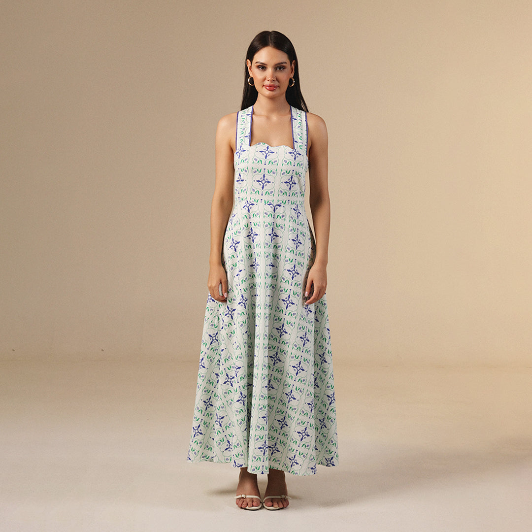 white And Blue Linen Printed Dress with Crochet Trims
