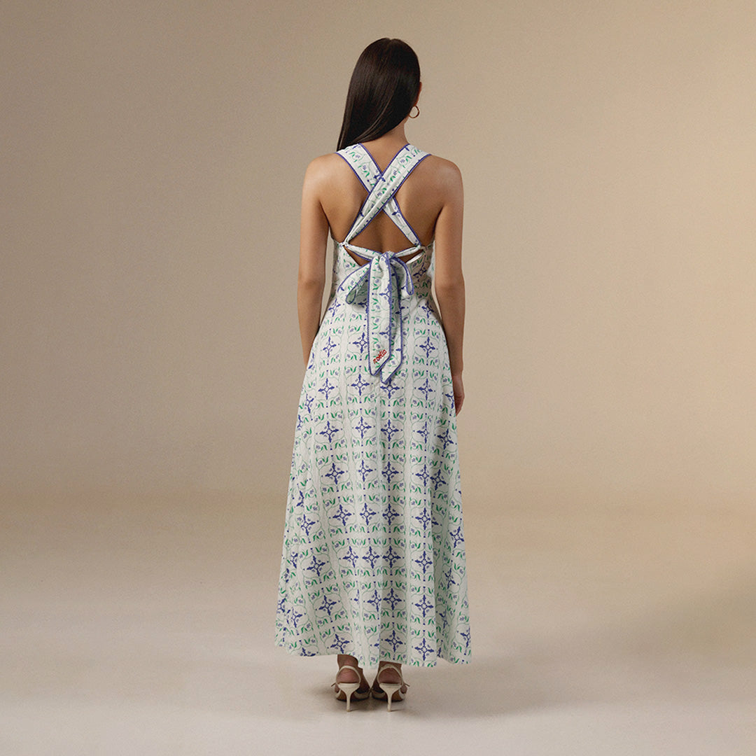 white And Blue Linen Printed Dress with Crochet Trims